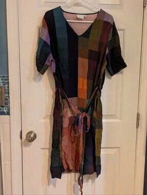 Elk Multicolor Patchwork V-Neck Tie-Waist Mini Dress
